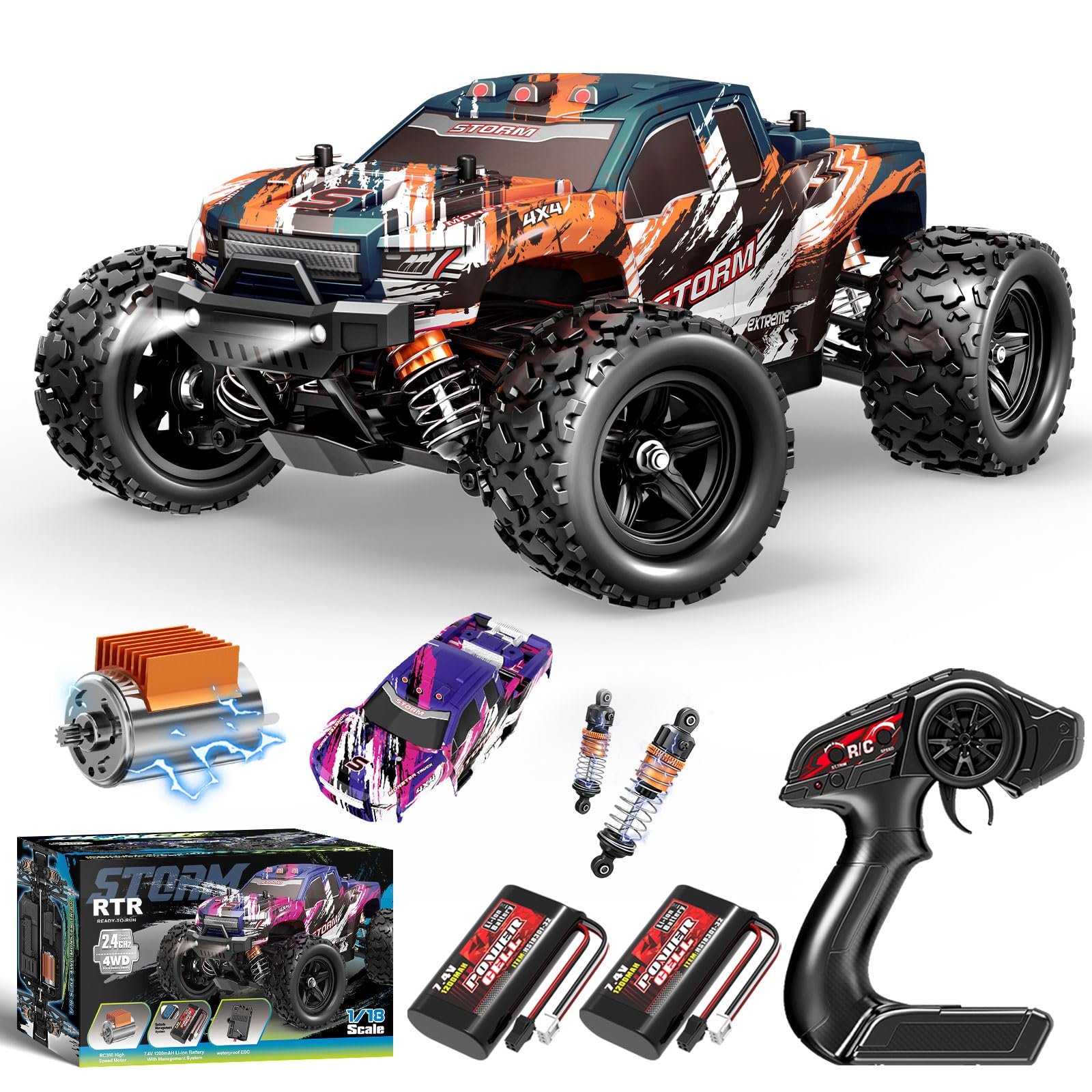 YESHIN 1:18 Fast RC Car for Adults, Max 40+ mph Off-Road Truck, 4WD Waterproof, High Speed Remote Control, All Terrain Truggy, Purple