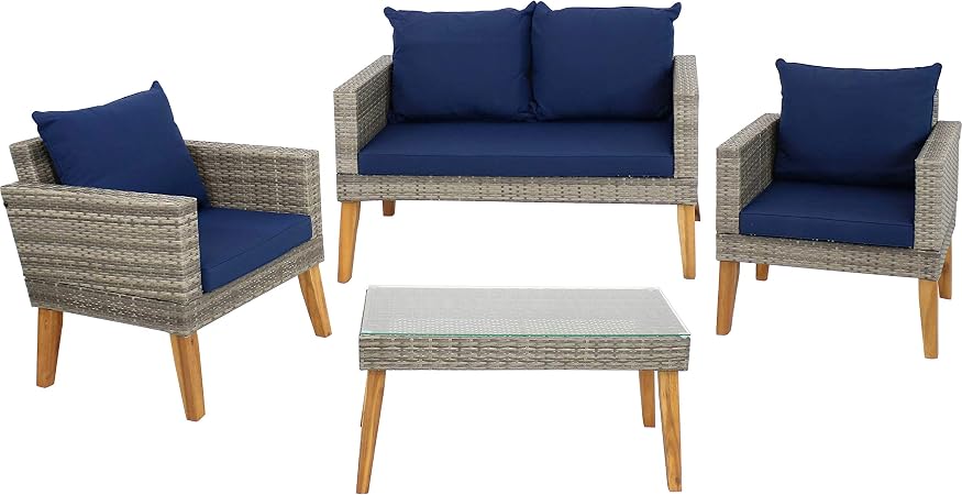 Amazon Com Sunnydaze Clifdon 4 Piece Outdoor Patio Furniture Set Gray Rattan Loveseat Chairs And Table With Acacia Legs Thick Navy Blue Back And Seat Cushions Outside Balcony And Porch Seating