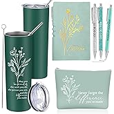 Funnymoom 6 Pcs Employee Appreciation Gift Thank You May You Be Proud 20 oz Boho Flower Tumbler Makeup Bag A6 Leather Journal Ballpoint Pens Office Graduation Appreciation Coworkers Boss Gifts (Green)