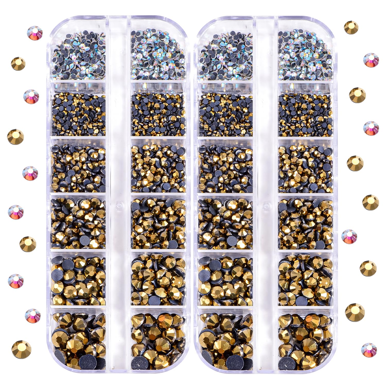 Blinginbox DMC Hotfix Rhinestone 2 Box Total 5200 Pieces Mixed Size Round Crystals Glass Gems for Costume Jewelry Making (Mine Gold) — image 1