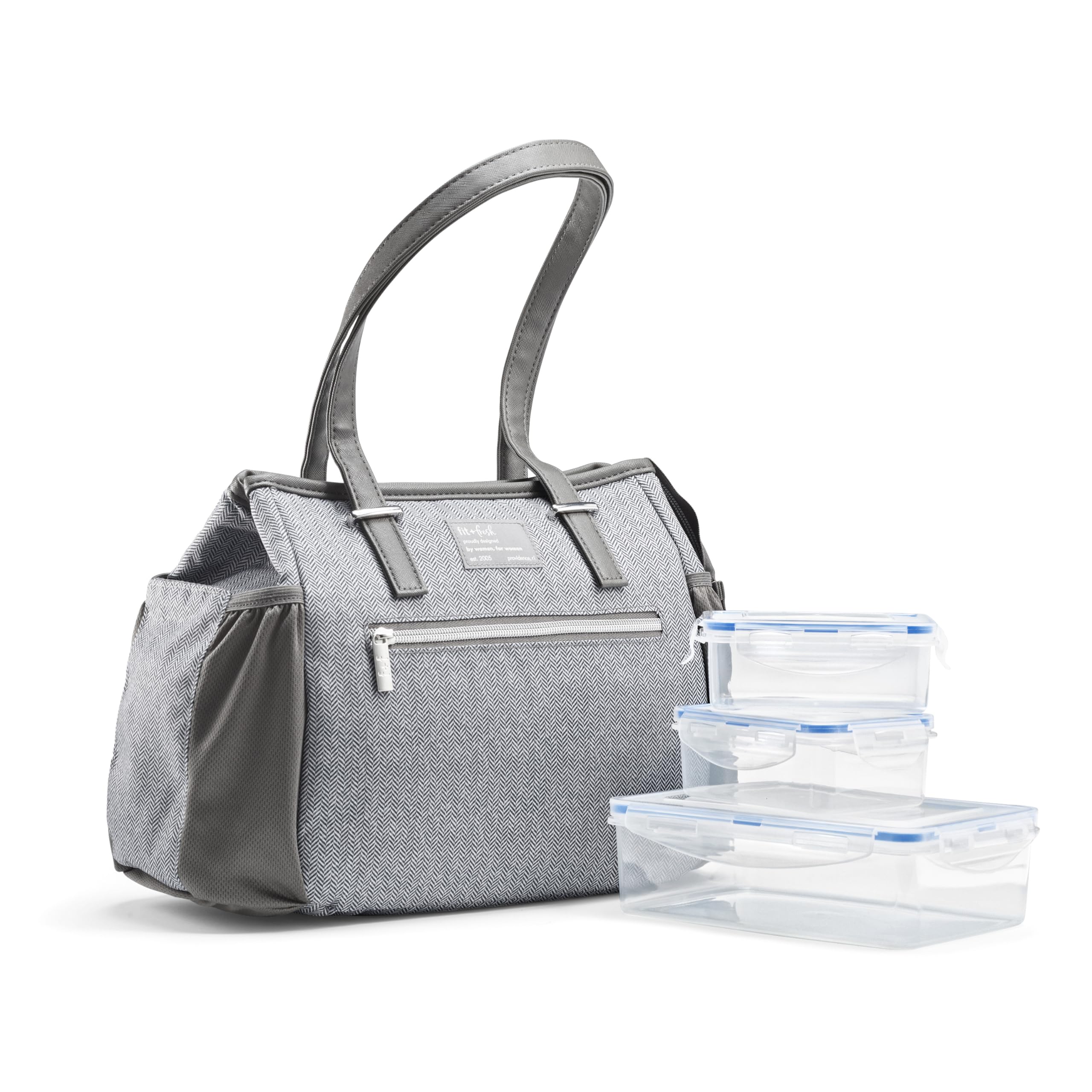 Fit & Fresh Women’s Insulated Lunch Bag for Work, Large Lunch Box With 3 Snap-Lid Containers, Zipper, Stain-Resistant, Copley Kit, Gray