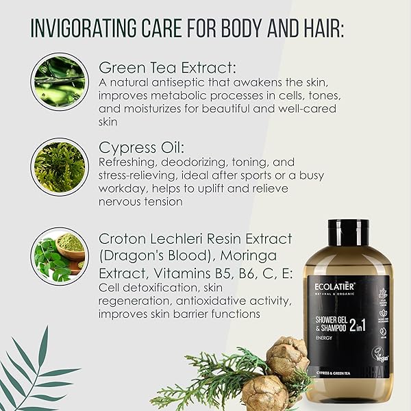 ECOLATIÈR 2-IN-1 BODY WASH MEN & SHAMPOO MEN – ENERGY BOOST, 97.5% NATURAL INGREDIENTS, VEGAN, NATURAL BODY WASH & HAIR CLEANSER, 20.3 FL OZ