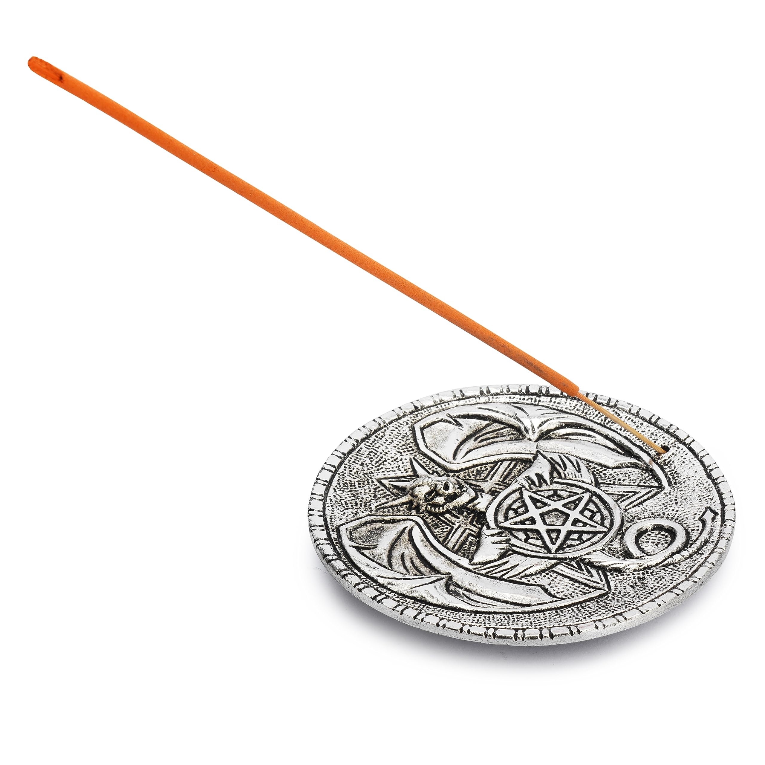 Ajuny Aluminum Round Incense Stick Holder Burner with Ash Catcher, Tibetan Dragon Design Silver Incense Holder for Sticks, Meditation Yoga Spiritual Home Decor Gift, 9.8 cm