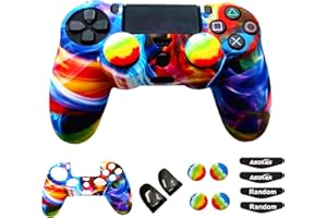 ASOKEX Silicone Skin Cover for Ps4 Controller (1pc Anti-Slip Case, 1 Pair L2 R2 Trigger Extender, 4pcs Thumb Grips,4pcs LED Light Bar Decal) Protector for DualShock PS4/ Slim/Pro Controller (Multicolor)