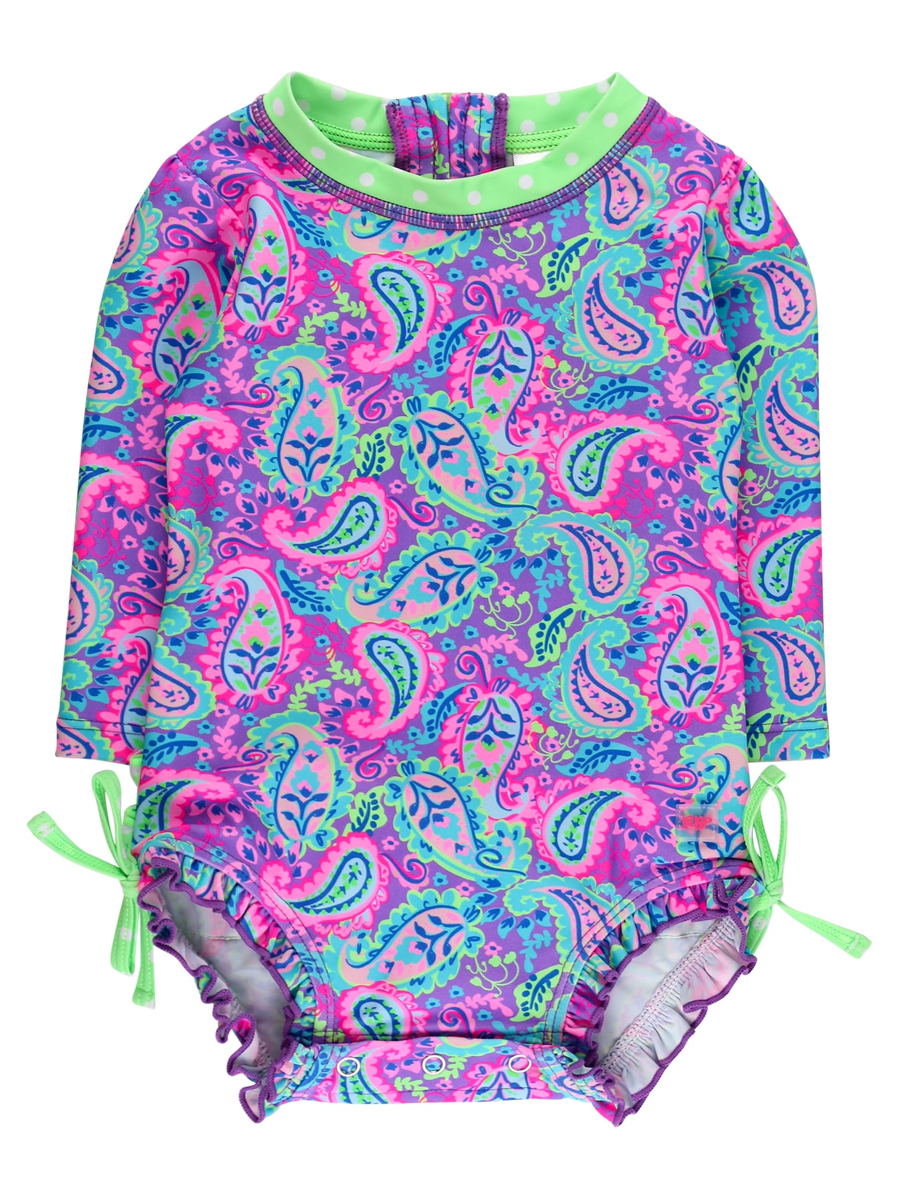 RuffleButts Baby Girls UPF 50+ Sun Protection Novelty Print Long Sleeve One Piece Rash Guard Swimsuit with Zipper - Neon Paisley Pop, 2T Image