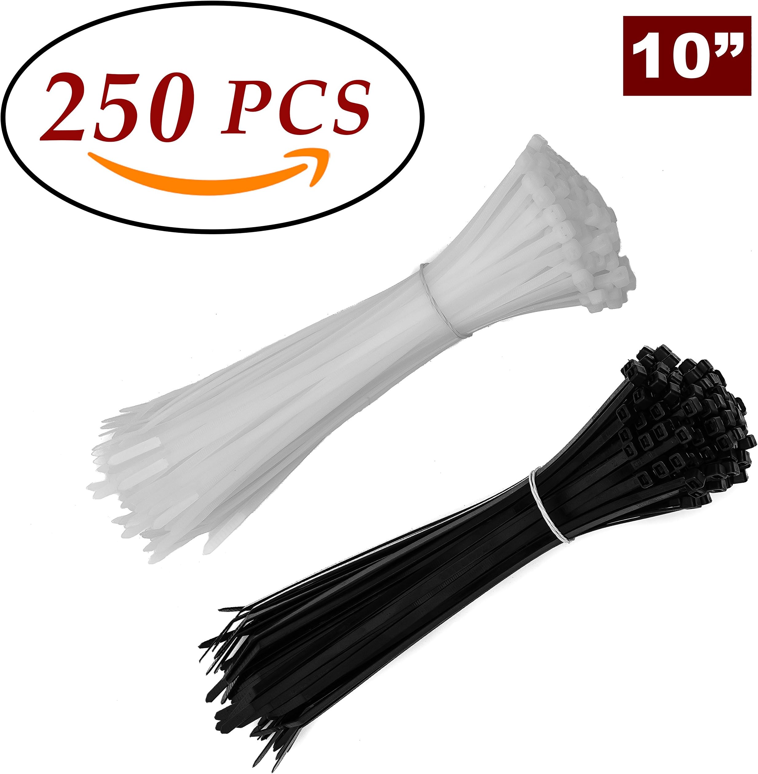 Black & White Zip Cable Ties 250 Pieces Self Locking 10 Inch Nylon Pack Heavy Duty 5mm Thick 50 LB Tensile Strength Securing Teeth Wiring Fire Heat UV Resistant Plastic Cables Cord Wire