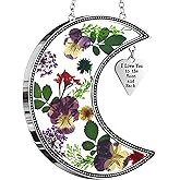 KY&BOSAM Moon Suncatcher Stained Glass for Window Hangings Wind Chime Decor with Pressed Real Flower and Metal I Love You to The Moon and Back Charm Birthday Gift for Women Mom Mother`s Day Christmas