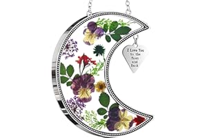 KY&BOSAM Moon Suncatcher I Love You to The Moon and Back Stained Glass for Window Hangings Wind Chime Decor with Pressed Real Flower and Metal Charm Birthday Gift for Women Mom Mother`s Day Christmas