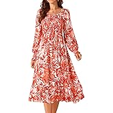 Seta T Women's Spring Floral Dresses Long Sleeve Square Neck Smocked Ruffle Hem Flowy Casual Midi Dress with Pockets