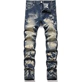 WJWLSKB Men Ripped Jeans Fashion Slim Fit Traight Distressed Design Skinny Stretch Comfort Flex Waist Denim Pants