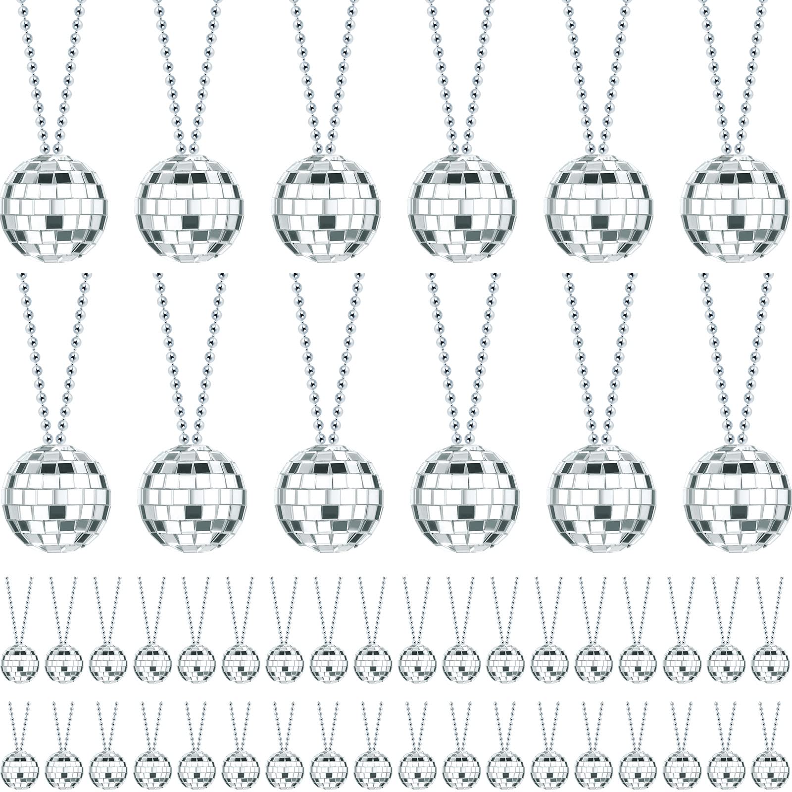 Photo 1 of Junkin 48 Pieces Halloween Disco Decoration Disco Mirror Ball Necklaces Bulk 70s Party Favors Mini Balls Decoration, 1.57 Inch Stage Props Accessories(Silver)
