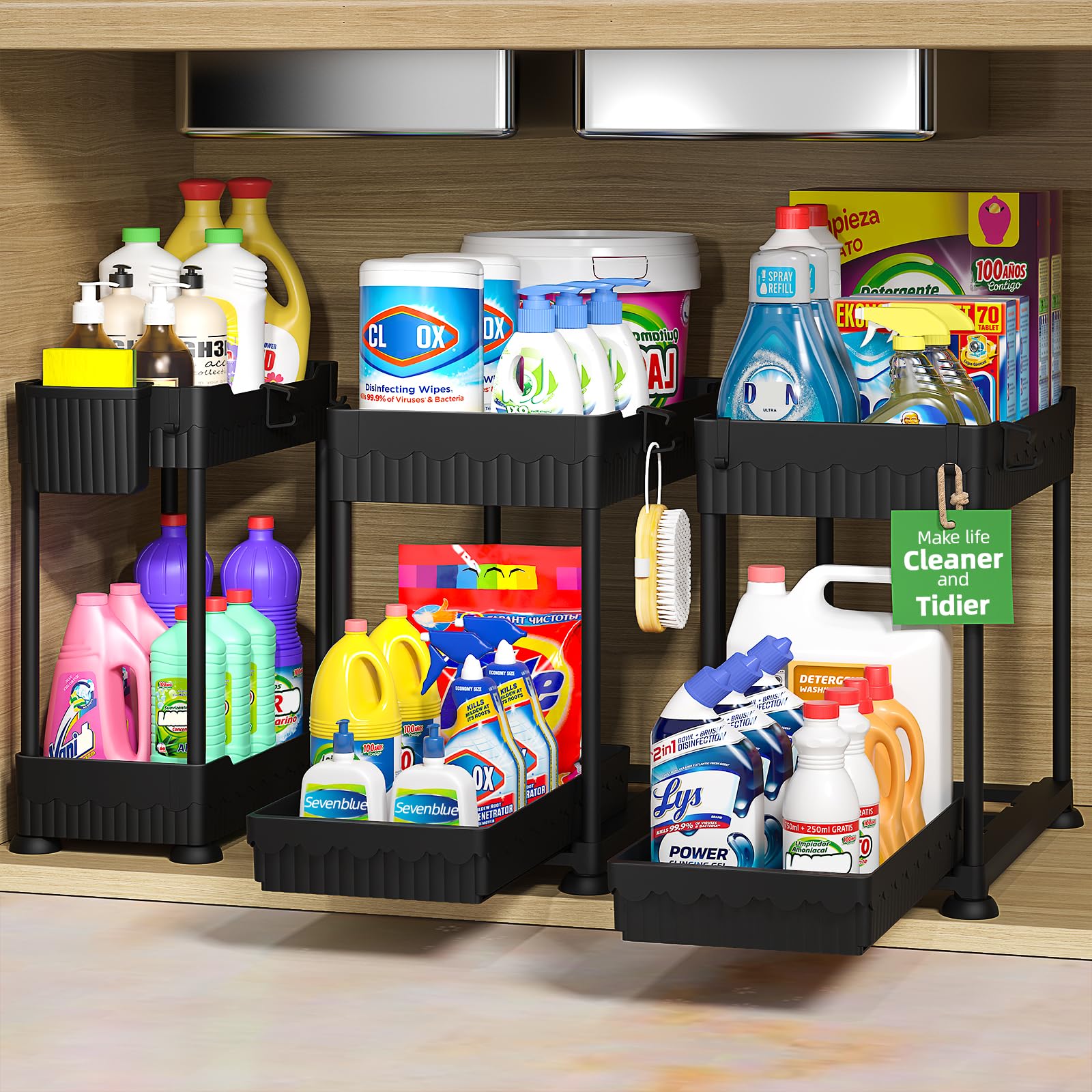 Sevenblue 3 Pack Under Sink Organizers, 2-Tier Multi-Use Kitchen and Bathroom Organizers and Storage with Sliding Drawers,Bathroom Cabinet Organizer (Black, 14.8 Inch) Image Sevenblue 3 Pack Under Sink Organizers, 2-Tier Multi-Use Kitchen and Bathroom Organizers and Storage with Sliding Drawers,Bathroom Cabinet Organizer (Black, 14.8 Inch) Image