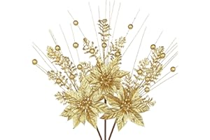 Oairse 3 Pcs Gold Artificial Poinsettia Flowers Picks Glitter Christmas Floral Picks and Sprays Christmas Fake Flowers Stems with Berries Pine Branches Fillers for for DIY Centerpieces Vase Decor