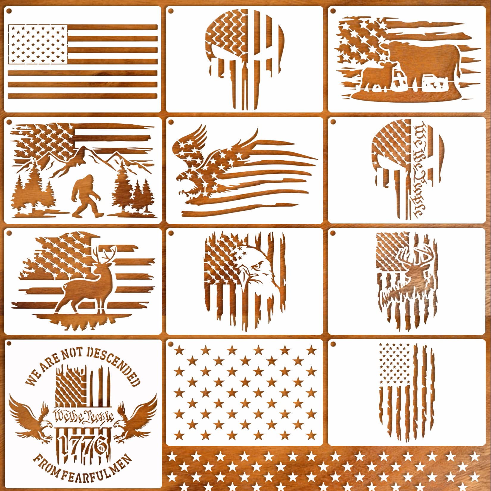 12pcs American Flag Stencil Star Stencils for Painting Union 50 Stars 1776 Military We The People Template for Flag Patriotic Wood Burning Stencils for Spray Painting on Shirt Project Crafts Wooden
