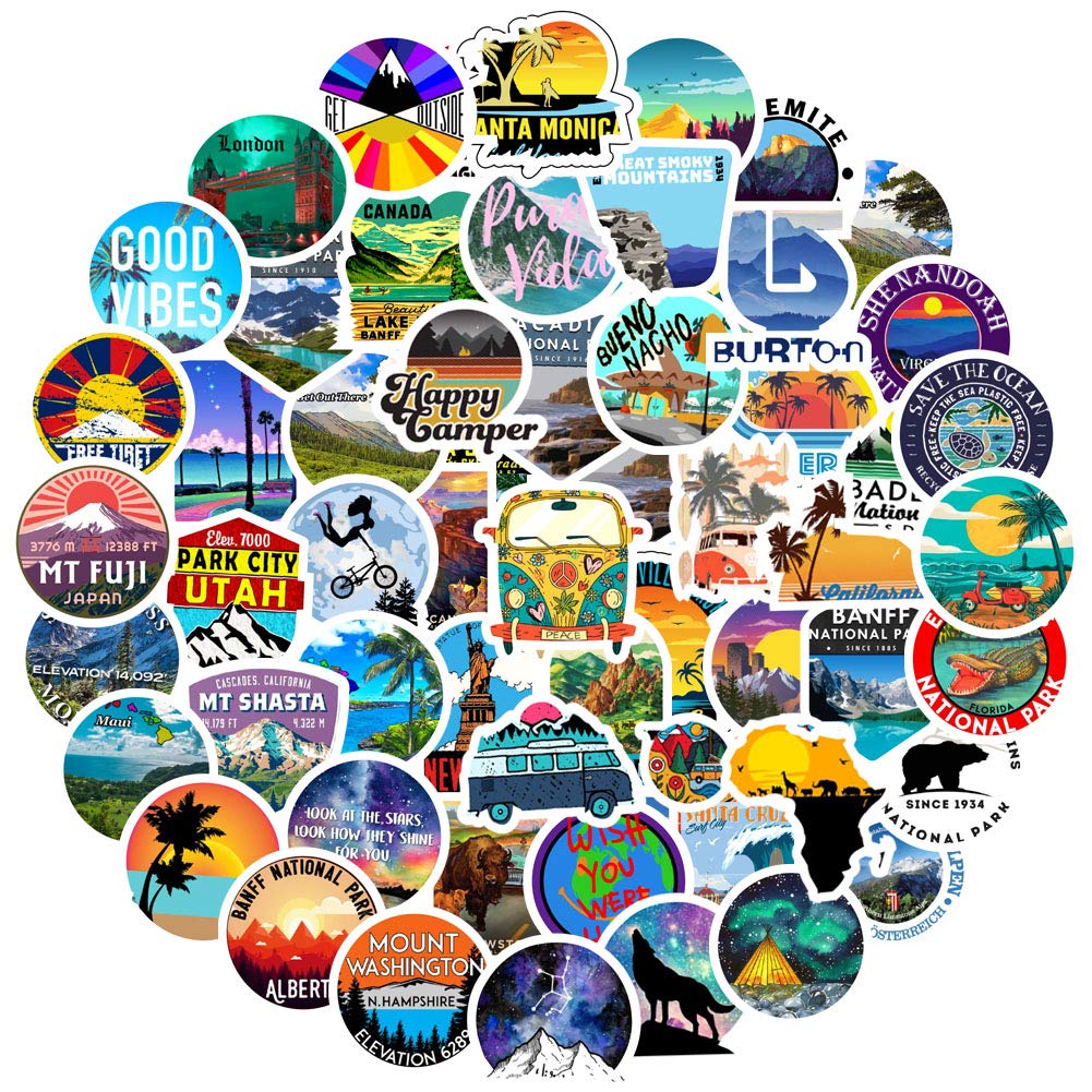 RGBEE Waterproof Vinyl Sticker Pack for Water Bottle Hydroflasks Skateboard Luggage Scrapbook Postcard Bumper Laptop Computer Phone, Outdoor Adventure Stickers for Kids Teens and Adults (100Pcs)