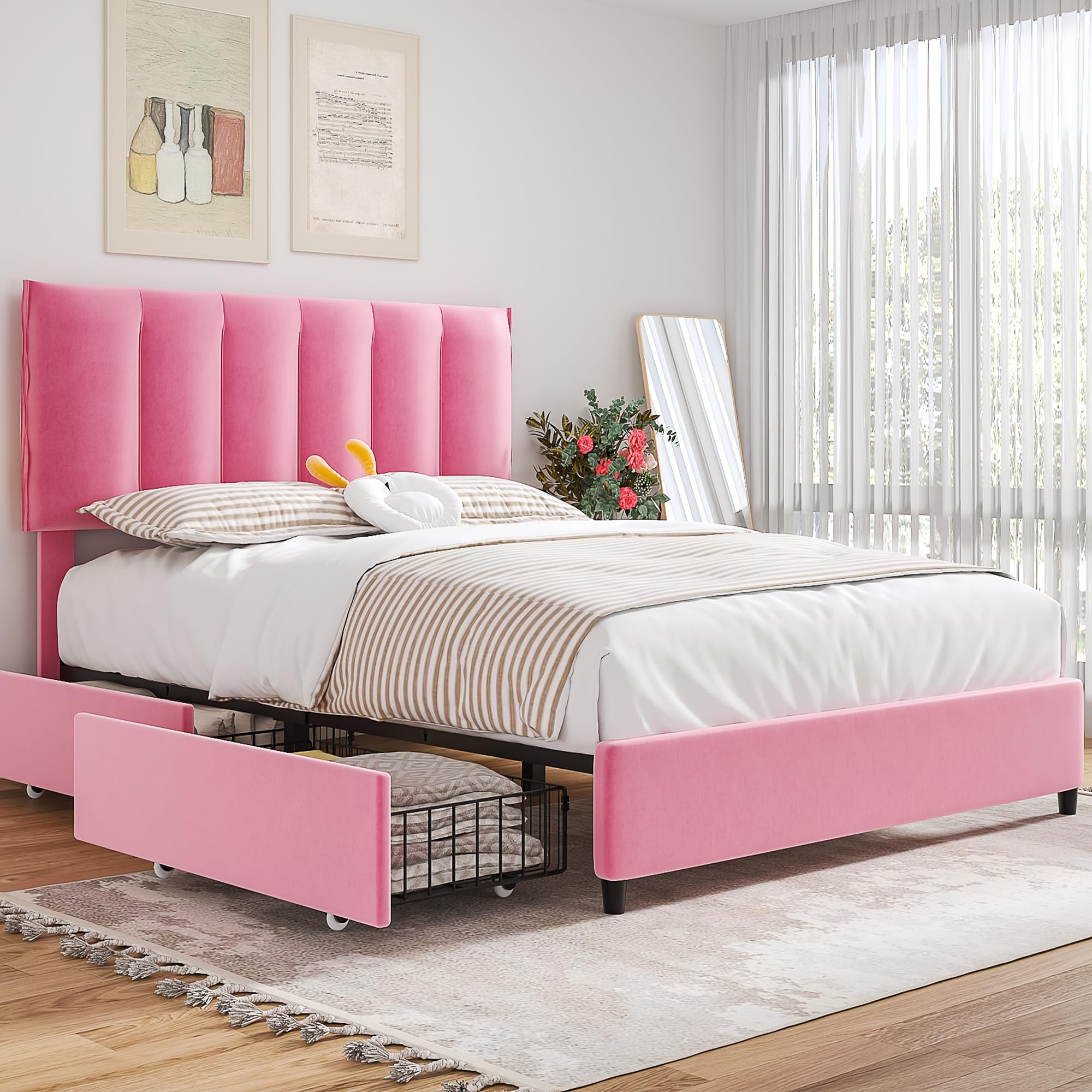VECELO Full Upholstered Bed Frame with 4 Storage Drawers and Adjustable Velvet Headboard, Heavy-Duty Platform bedframe, No Box Spring Needed, Pink Image