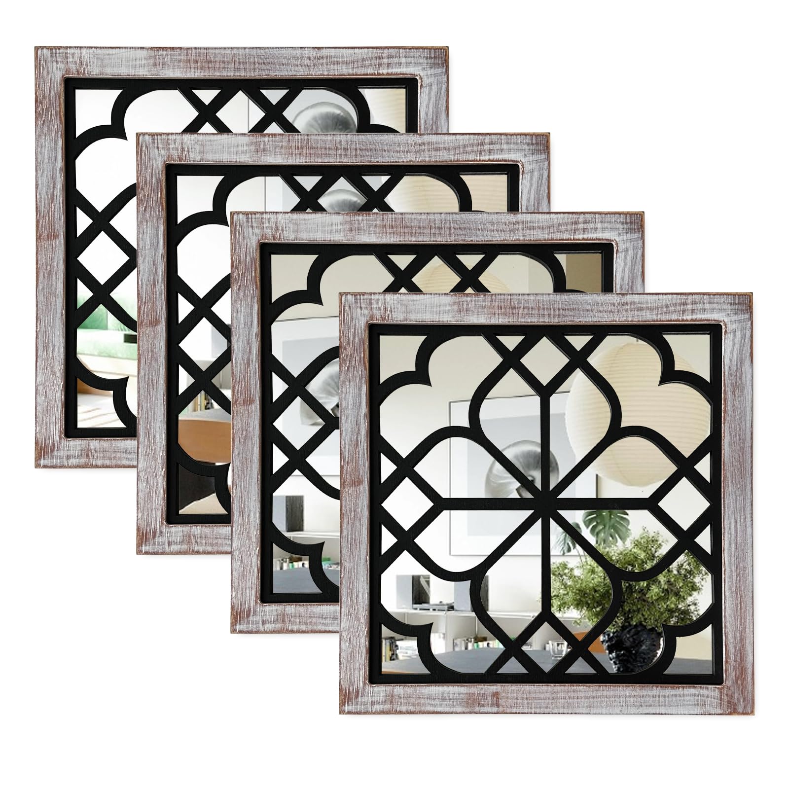 Photo 1 of ZEXUIRU Set of 4 Wooden Rustic Square Wall Mirror Vintage Style Decorative Entry Mirror Farmhouse Wall Decoration for Living Room Bedroom Bathroom Kitchen 11.8 * 11.8inch Brown…