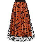 MS.ING Halloween Tulle Skirt for Women Velvet Bats Pumpkin Skull Dress High Elastic Waist Double-Layered Mesh Midi Skirt