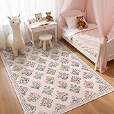 Wonnitar Pink Rugs for Bedroom Girls Nursery, Floral Print 5x7 Washable Rug, Boho Ultra-Thin Non Slip Soft Cozy Carpet for Ro