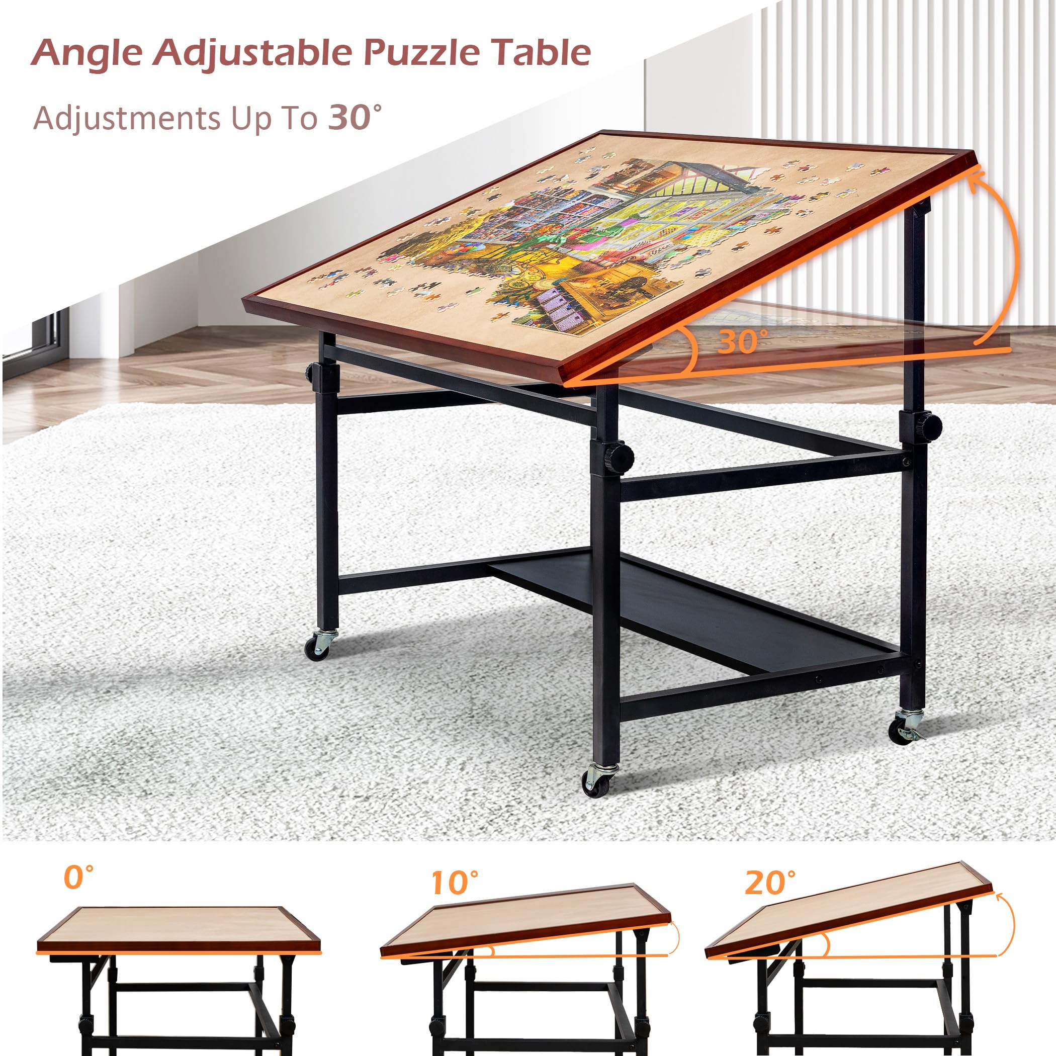 LAVIEVERT 1500 Piece Tilting Puzzle Table with Legs, Angle & Height Adjustable Puzzle Board Easel with Cover & Storage, Portable Wooden Jigsaw Table with 4 Wheels & Non-Slip Tabletop for Adults