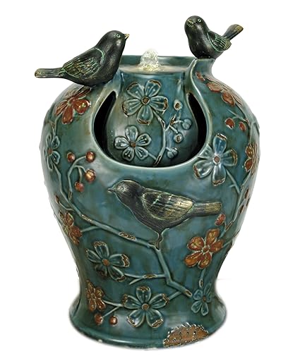 Natures Garden Verdigris Songbird Fountain with LED Light, Blue