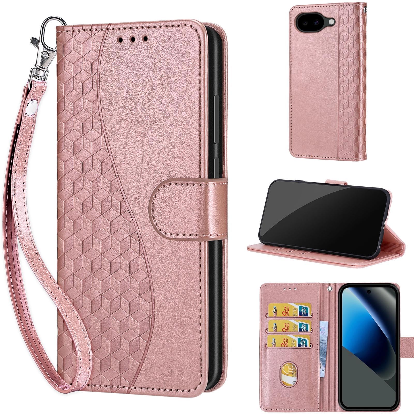Handyhülle für Google Pixel 10a Hülle, Premium Leder Flip Klappbare Stoßfeste Magnetische [Standfunktion] [Kartenfächern] Schutzhülle Tasche, Roségold 3D 3