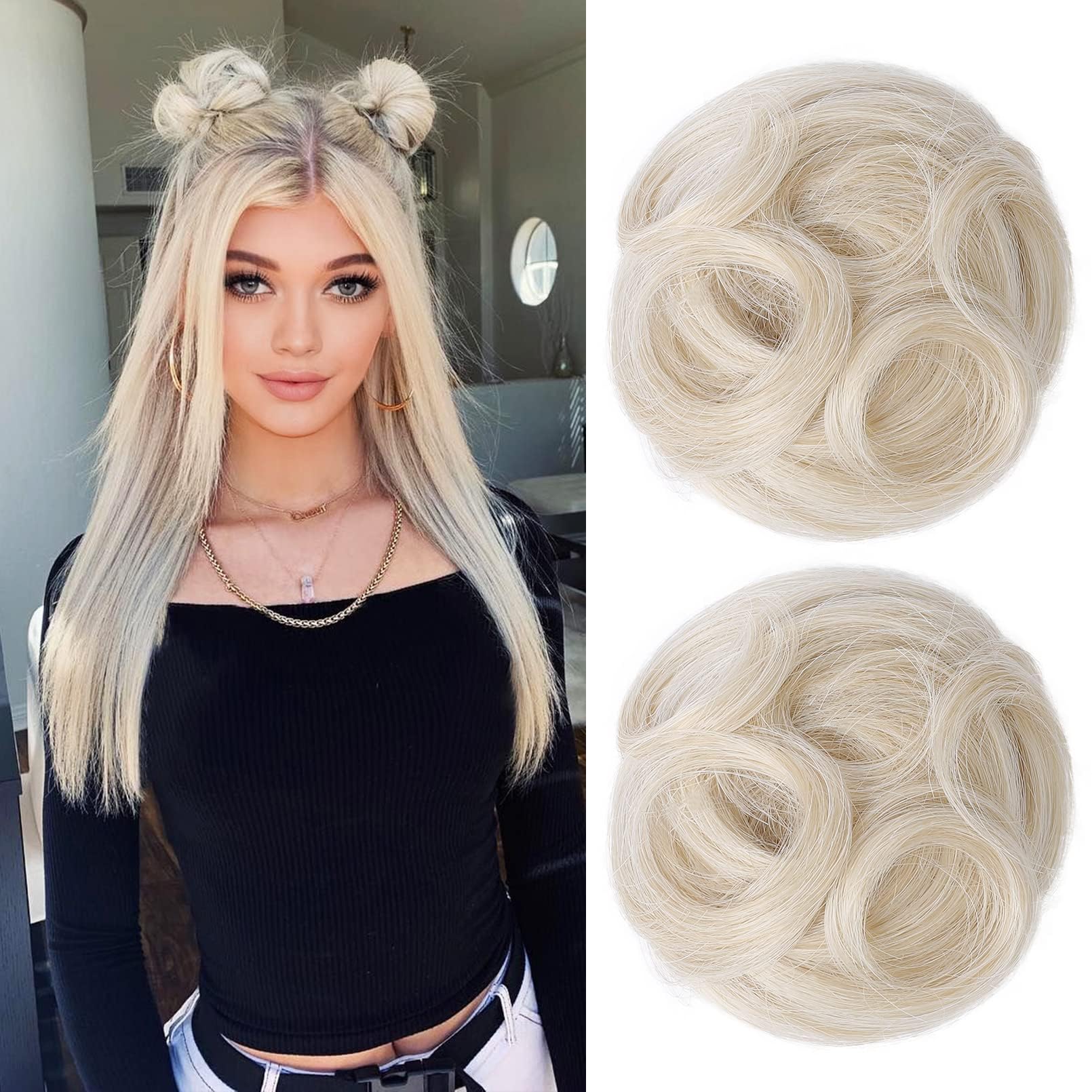 REECHO 2 PCS Mini Claw Clip in Messy & Cat Ears Hair Bun Extensions Wig Accessory Updo Hairpieces for Women Girls (Pack of 2-3.5" Wavy, Light Blonde)