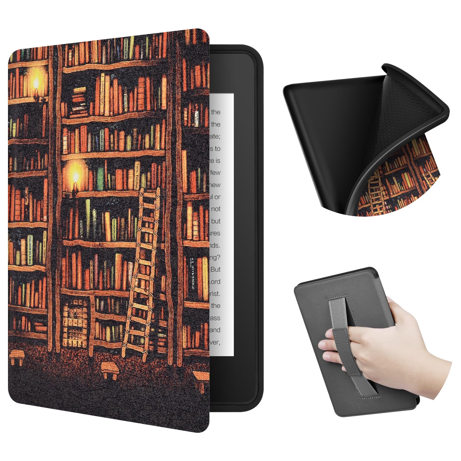 ERUNTO Case for 6.8-inch Kindle Paperwhite and Paperwhite Signature Edition, TPU Cover with Cloth Texture and Hand Belt on The Back, Magnetic Shell Cover with Smart Wake-up/Sleep(Gold Bookshelf)