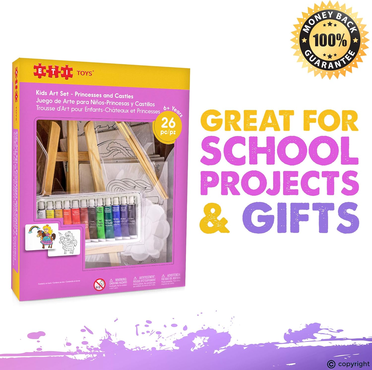 ETI Toys, 26 Piece Kids Art Painting Set with Wood Easel, 6 Princesses and Castles Themed Canvases, 12 Color Acrylic Paints, 5 Paint Brushes, Palette. Arts Studio for Artist Children Ages 6+ Years: Kitchen & Dining