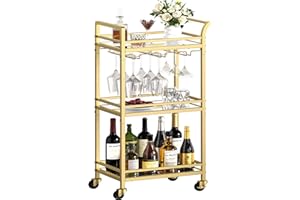 HOMEDAWN Bar Cart, Home Bar Serving Cart, Small Bar Cart with Wine Glass Rack, Drink Cart on Wheels, Wine Cart with 3-Tier Mirrored Shelf, Wine Holder, Glass Holders for Kitchen, Dining Room, Living Room(Gold)