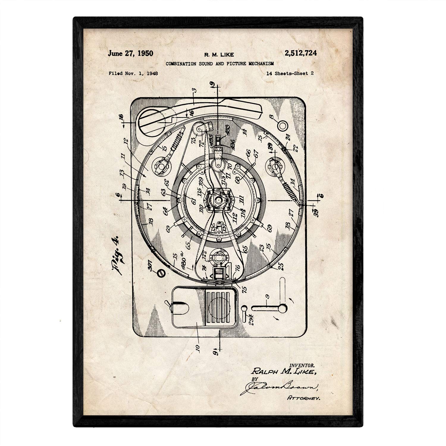 Nacnic Poster patent Sound and image. Sheet with old design patent in A3 size and vintage background