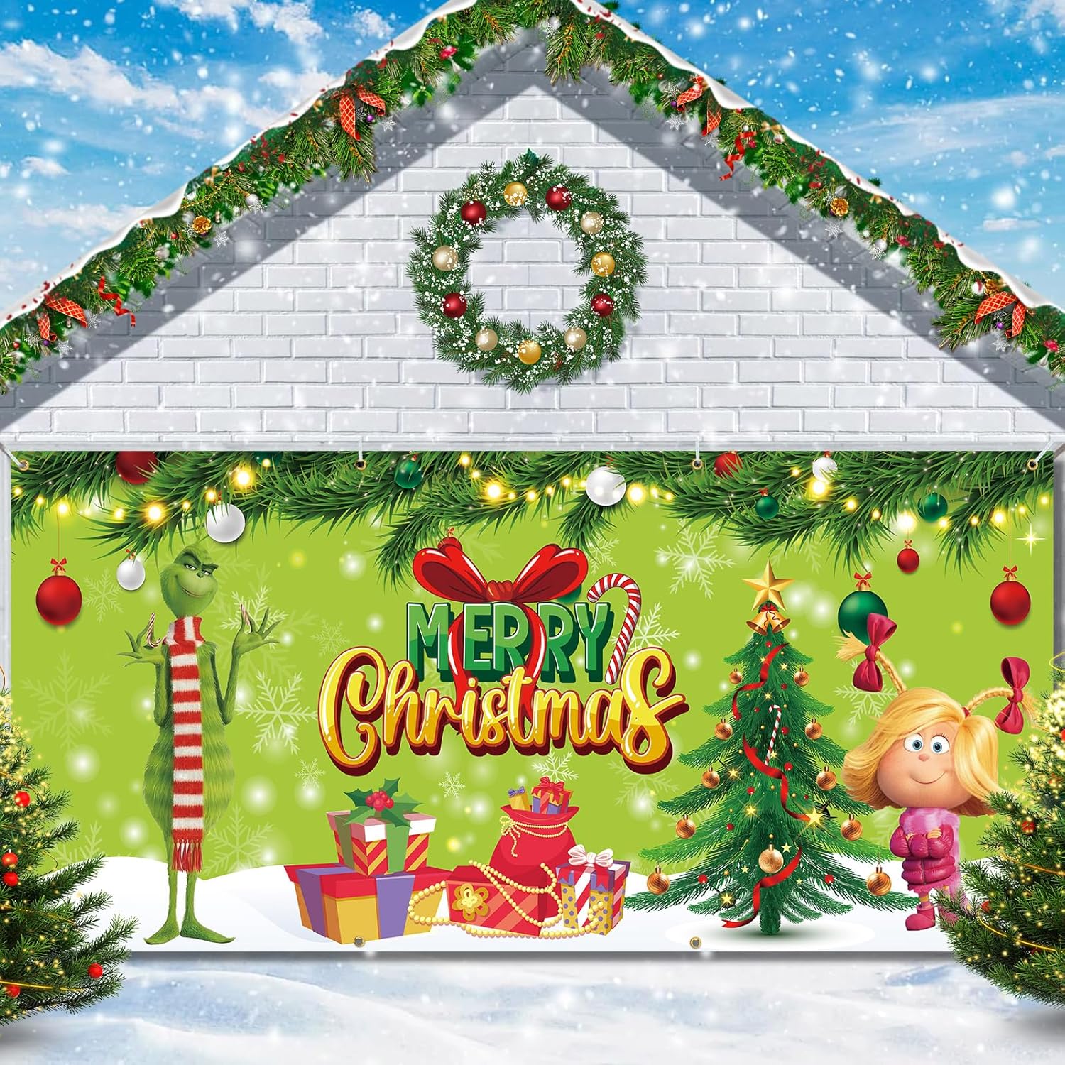 Garage Door Decorations - Christmas Garage Door Banner 16 x 7 ft, Green Monster Christmas Garage Decorations Holiday Merry Christmas Door Cover Backdrop Background for Photo Merry Grinchmas Party Outdoor Banner