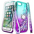 NGB Compatible for iPhone 8 Plus Case, iPhone 7 Plus /6 Plus /6S Plus with Tempered Glass Screen Protector, Ring Holder, Girls Women Kids Liquid Bling Sparkle Glitter Cute Case (Aqua/Purple)