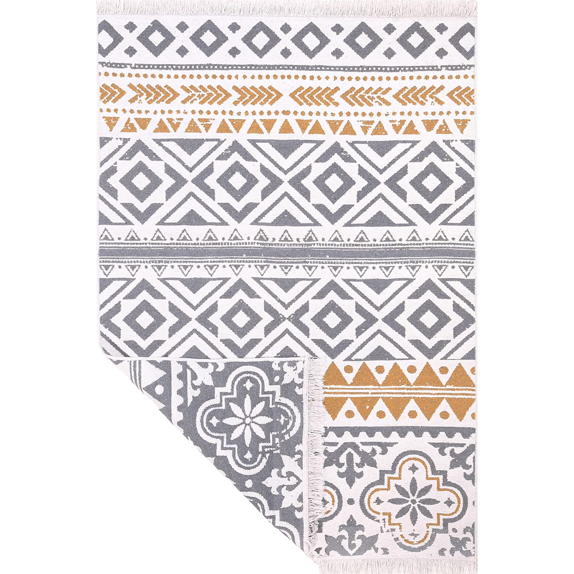Fashion4Home Short Pile Boho Kilim Rug, Living Room Rug, Bedroom and Kitchen Rug, Runner Rug, Hallway Rug, Children's Room Rug, Ceramic-Light Grey/Gold, Greetings: 80 x 150 cm