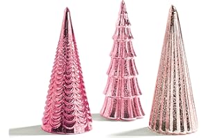 LAMPLUST Pink Glass Christmas Tree Decoration with Lights: Set of 3 Decorative Christmas Trees, Mercury Glass Finish, Christmas Centerpiece
