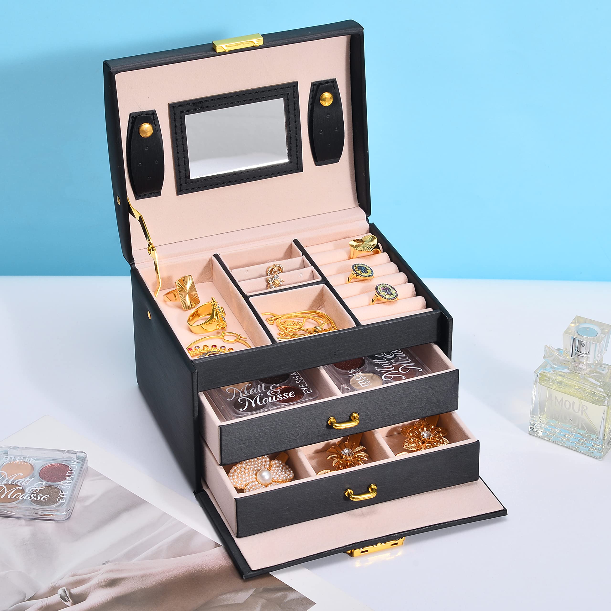 Rainberg® Small Jewllery Organiser Box|PU Black Leather 3 Tier with Storage Sections Adujustable Vintage Jewlery Storage