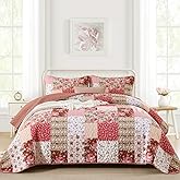 Anibedding 3Pieces Patchwork Quilts Queen Size, Bohemian Red Flower Plaid Bedspreads with Double Pillowcases for All Season