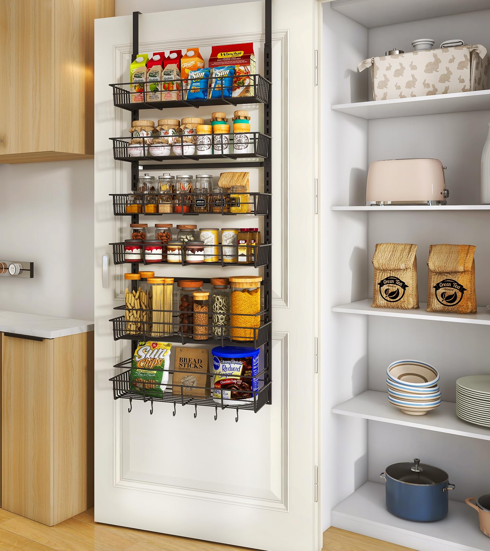Over The Door Pantry Organizer, Pantry Storage and Organization, 6-Tier Adjustable Hanging Baskets, Metal Wall Mount Spice Rack Seasoning Shelves for Home & Kitchen, Laundry Bathroom - Black