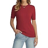 QUALFORT Women's Lightweight Knit Sweater Short Sleeve Cable Knit Crew Neck Office Layering Work Casual Pullover Top