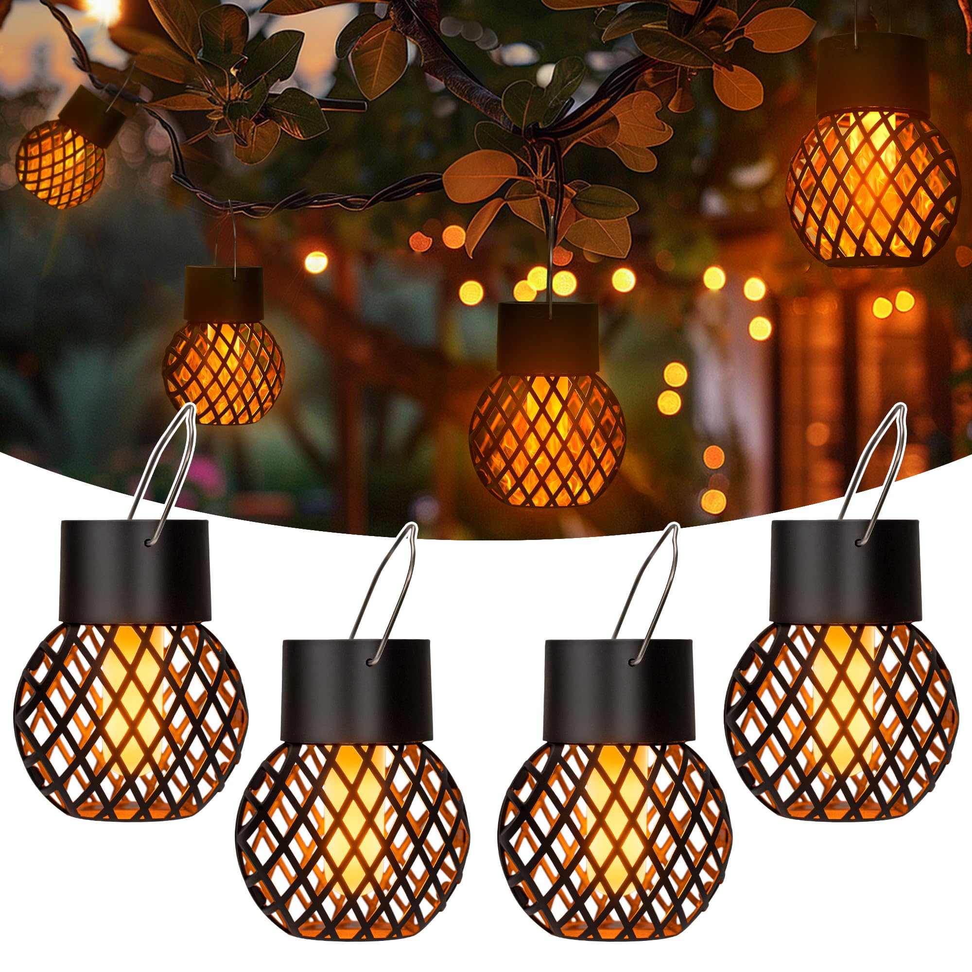 GIGALUMI Solar Lights Outdoor Garden, 4 Pack Hanging Solar Lights Flickering Flame, Waterproof for Garden, Yard, Fence, Tree