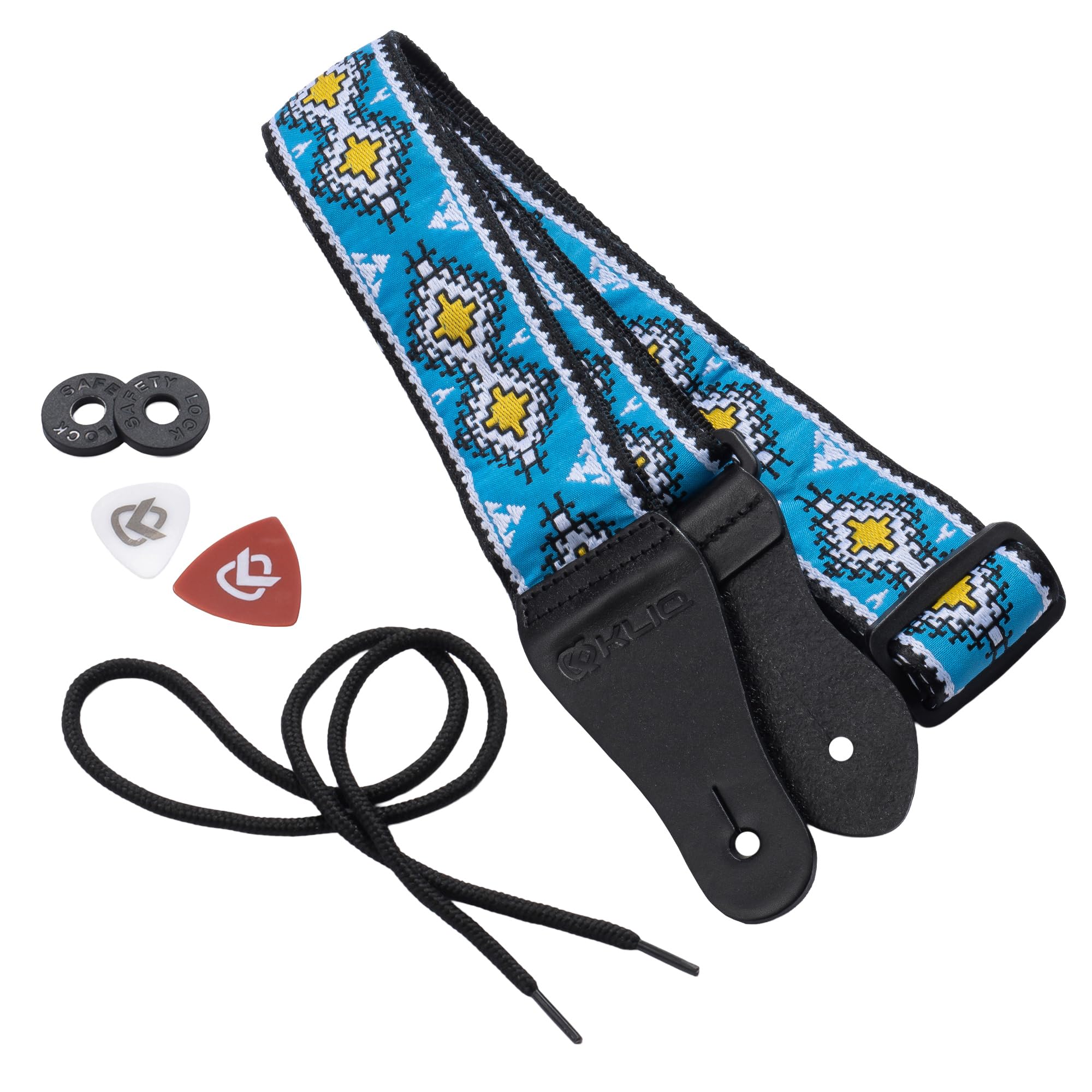 KLIQ Vintage Woven Guitar Strap for Acoustic and Electric Guitars | '60s Jacquard Weave Hootenanny Style | 2 Rubber Strap Locks Included (Native, Sky Blue/Yellow)