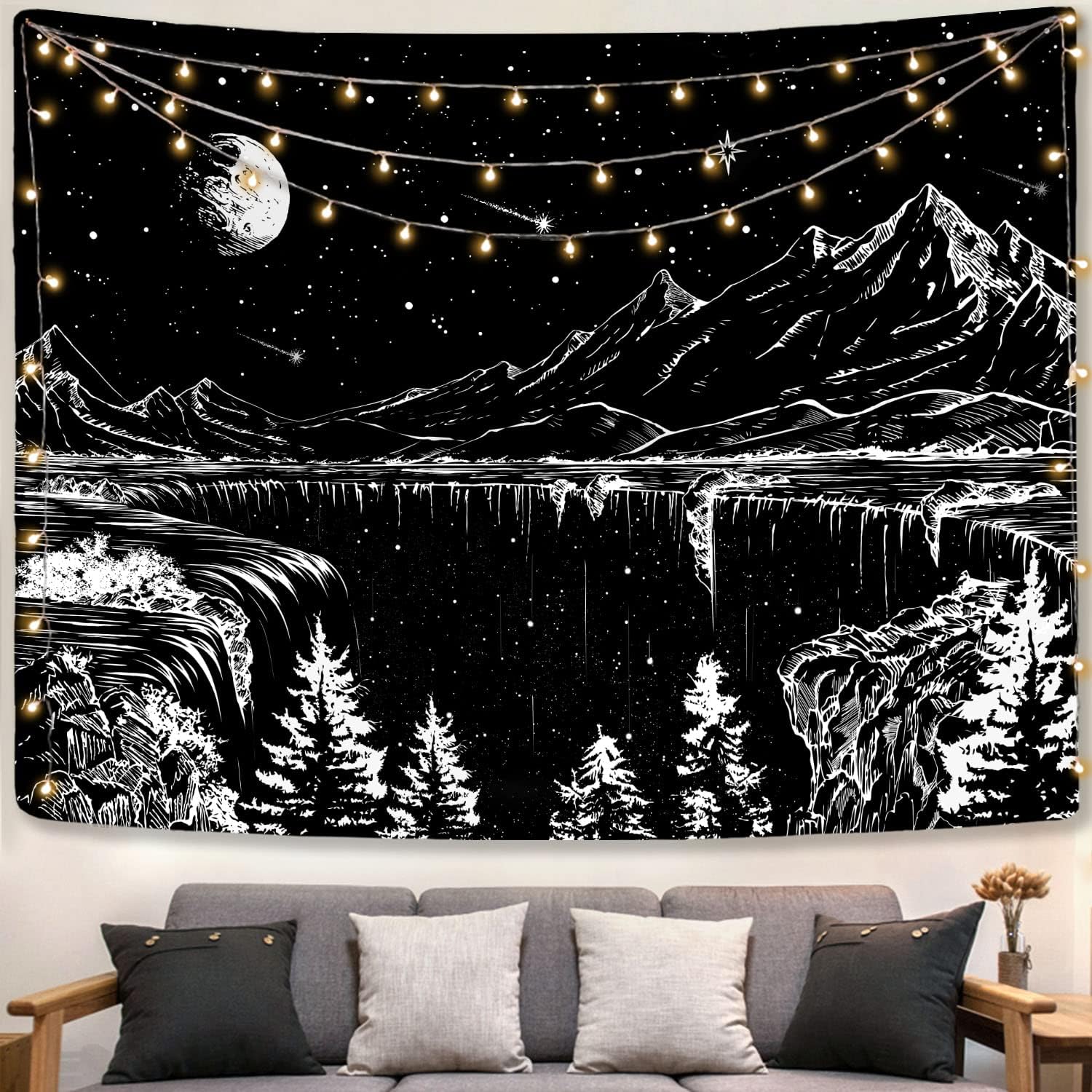 Tapestries - Zussun Black and White Tapestry Starry Night Mountain Tapestries for Bedroom Aesthetic Moon and Stars Tapastry's Wall Hanging Dark Nature Forest Wall Tapestry for Living Room Dorm (Black, 80'' × 60'')