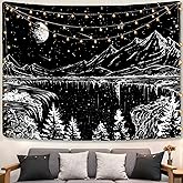 Zussun Black and White Tapestry Starry Night Mountain Tapestries for Bedroom Aesthetic Moon and Stars Tapastry's Wall Hanging Dark Nature Forest Wall Tapestry for Living Room Dorm (48'' × 36'')