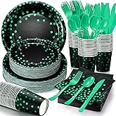 Sieral 560 Pcs Green and Black Party Plates for 80 Guests Disposable Green Paper Plates Napkins Cups and Plastic Forks Knives Spoons for Birthday Wedding Anniversary Dinnerware