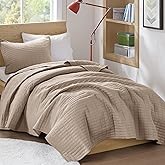 Comfort Spaces Kienna Quilt Set- Double Sided Stitching Design Summer Blanket, Lightweight, Soft, All Season Bedding Layer, Matching Sham, Taupe, Coverlet Twin/Twin XL(66"x90") 2 Piece