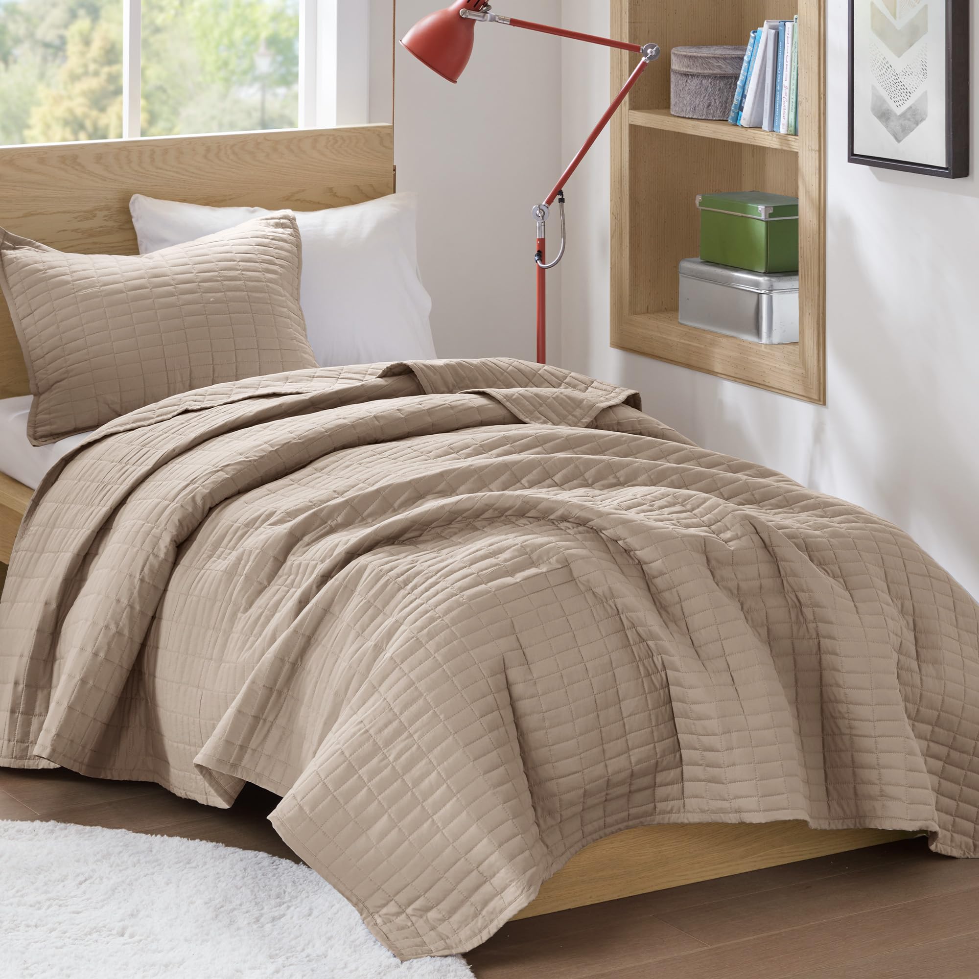 Photo 1 of Comfort Spaces Kienna Quilt Set- Double Sided Stitching Design Summer Blanket, Lightweight, Soft, All Season Bedding Layer, Matching Sham, Taupe, Coverlet Twin/Twin XL(66"x90") 2 Piece