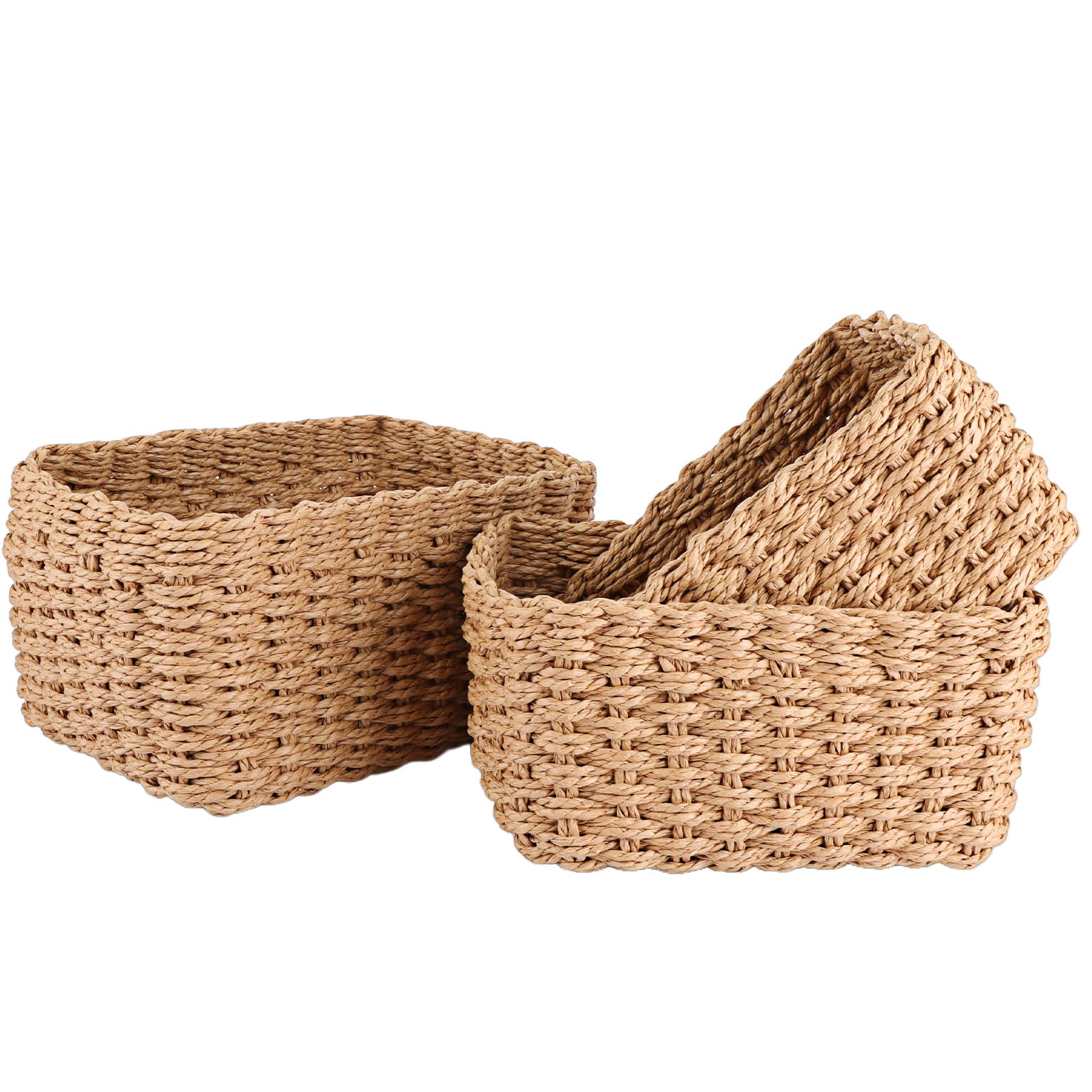 ASelected 3Pcs Wicker Baskets, 3Size Woven Paper Rope Storage Boxes, Small Wicker Storage Baskets for Shelf Cupboards Drawer Closet