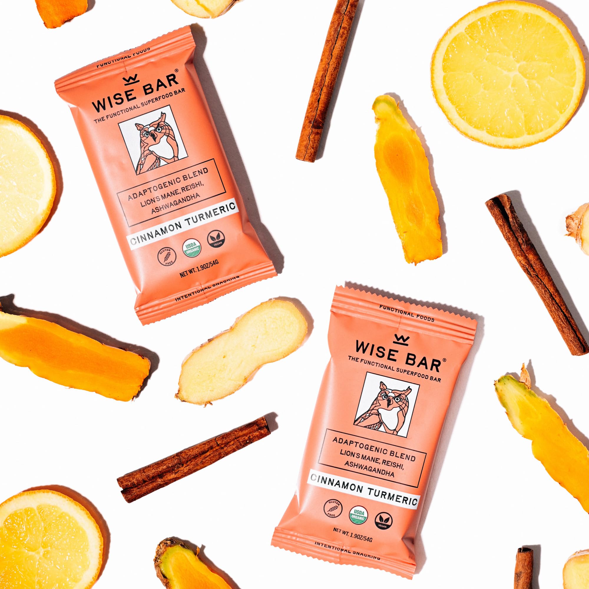 WISE BAR Adaptogen Mushroom Nutrition Bars with Reishi, Lions Mane & Ashwagandha, Organic Vegan & Gluten Free Snacks for Natural Focus, Energy & Immunity Support, Cinnamon Turmeric Flavor, 12 Count