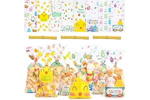 JMANNI 100pcs Easte Colorful Eggs Cellophane Gift Treat Party Bags for Easter Candy Sweet Goody Cookie, 8 Style Easter Party Fillers Bags with Twist Ties, Easter Eggs Bags for Kids
