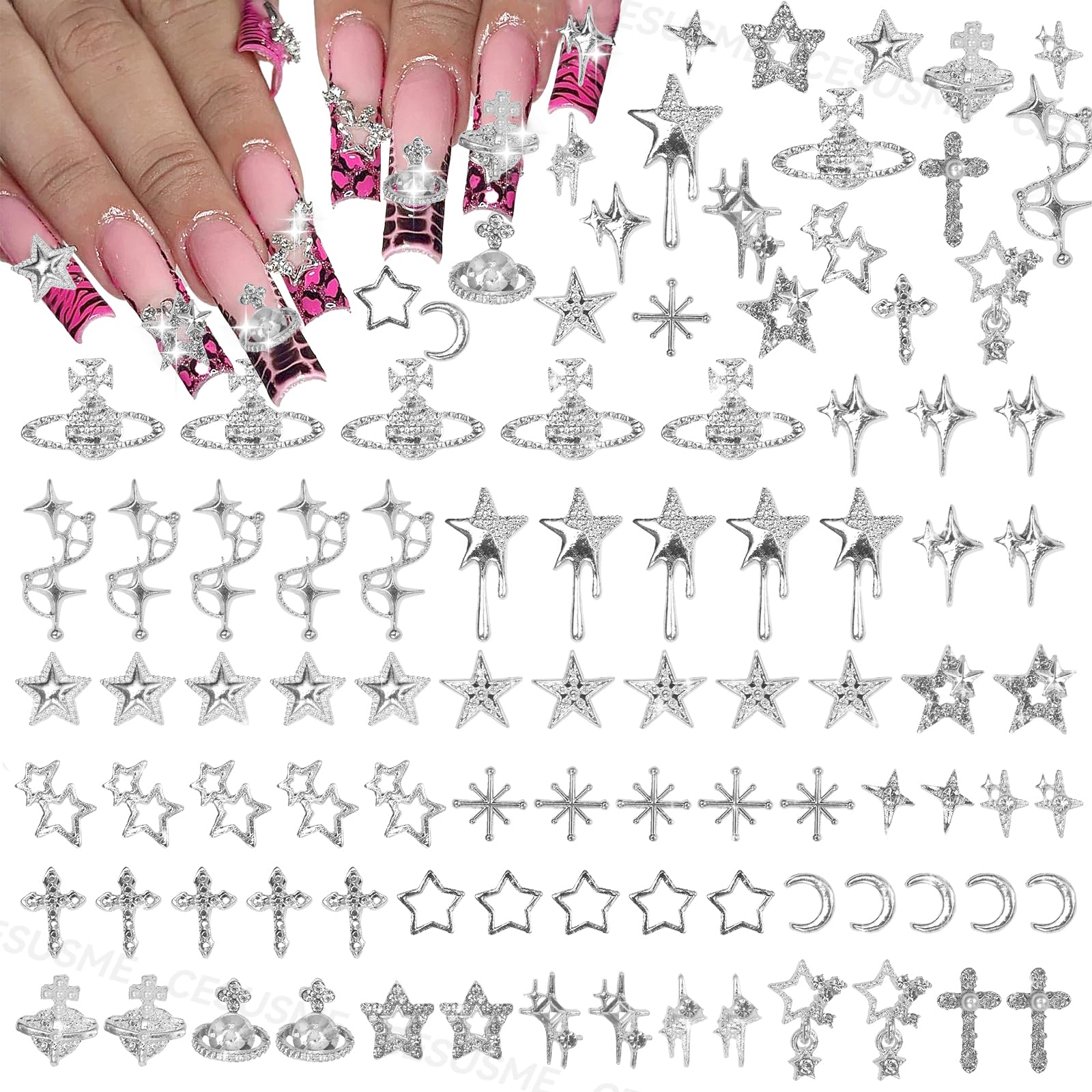 Photo 1 of 130 Pcs 3D Silver Star Cross Alloy Nail Charms, 21 Styles Y2K Metal Star Moon Cross Moon Planet Silver Nail Charms and Gems for Nails Art Design DIY Accessories